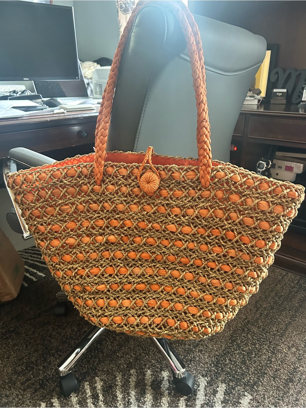 Woven Straw Tote Bag in Orange and Natural